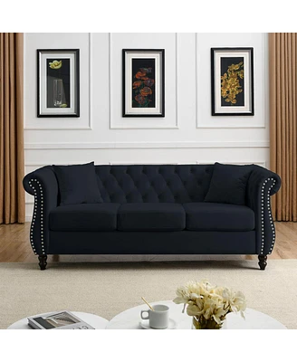 Simplie Fun Black Velvet Chesterfield Sofa with Tufted Couch, Rolled Arms, Nailhead, 3 Seater, 2 Pillows