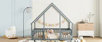 Full Wood House-Shaped Floor Bed with Fence, Guardrails, Grey
