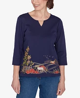 Alfred Dunner Classic Farmhouse Scenic Keyhole Neck Top