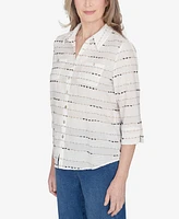 Alfred Dunner Classic Biadere Button Down Top with Front Pockets