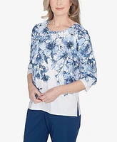 Alfred Dunner Classic Floral Shimmer Three Quarter Sleeve Top