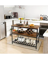 Sugift 3 Shelves Kitchen Island Industrial Prep Table with Bottom Wine Rack