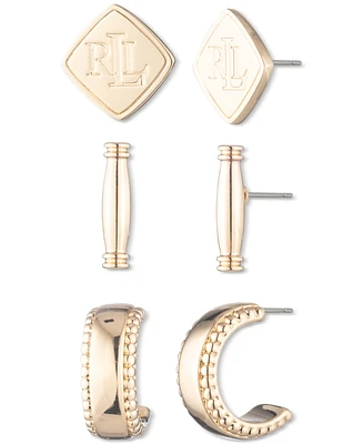 Lauren Ralph Lauren Gold-Tone 3-Pc. Set Logo, Bar & Hoop Earrings