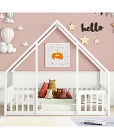 Simplie Fun Full Wood House-Shaped Floor Bed with Fence, Guardrails, White