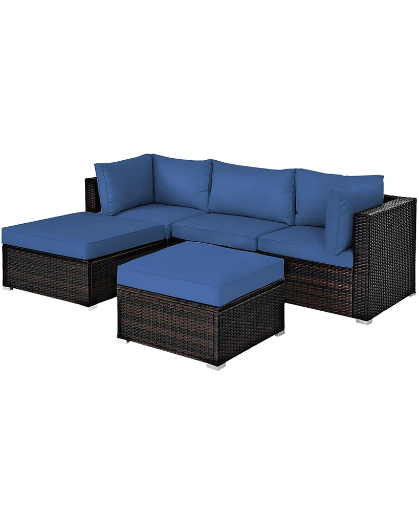 Costway 5PCS Patio Rattan Furniture Set Sectional Conversation Set Ottoman Table