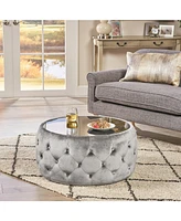 Modern Glam Diamond Tufted Velvet Ottoman with Tempered Glass Top