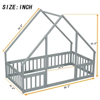 Twin Wood House-Shaped Floor Bed with Fence, Guardrails, Grey