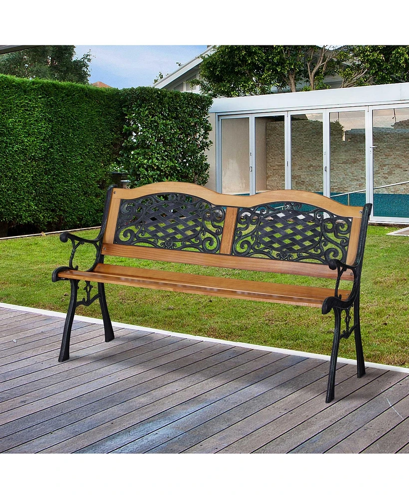 Simplie Fun Slatted Wood & Metal Outdoor Garden Bench with Curved Armrests and Lattice Accents