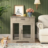 Simplie Fun Grey Dog Crate End Table With Drawer, Double Doors, 29.9" X 24.8" X 30.71"