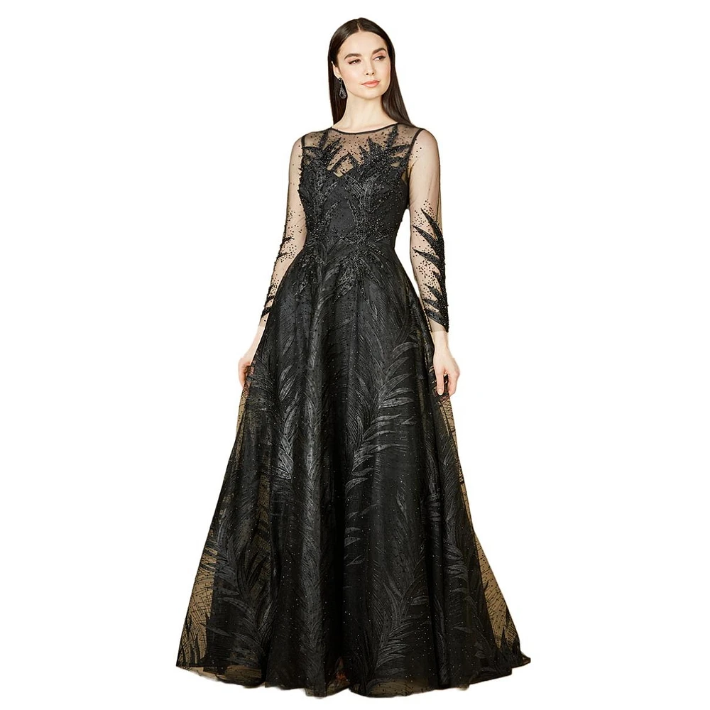 Lara Women's High Neck Sheer Long Sleeve Embellished Gown