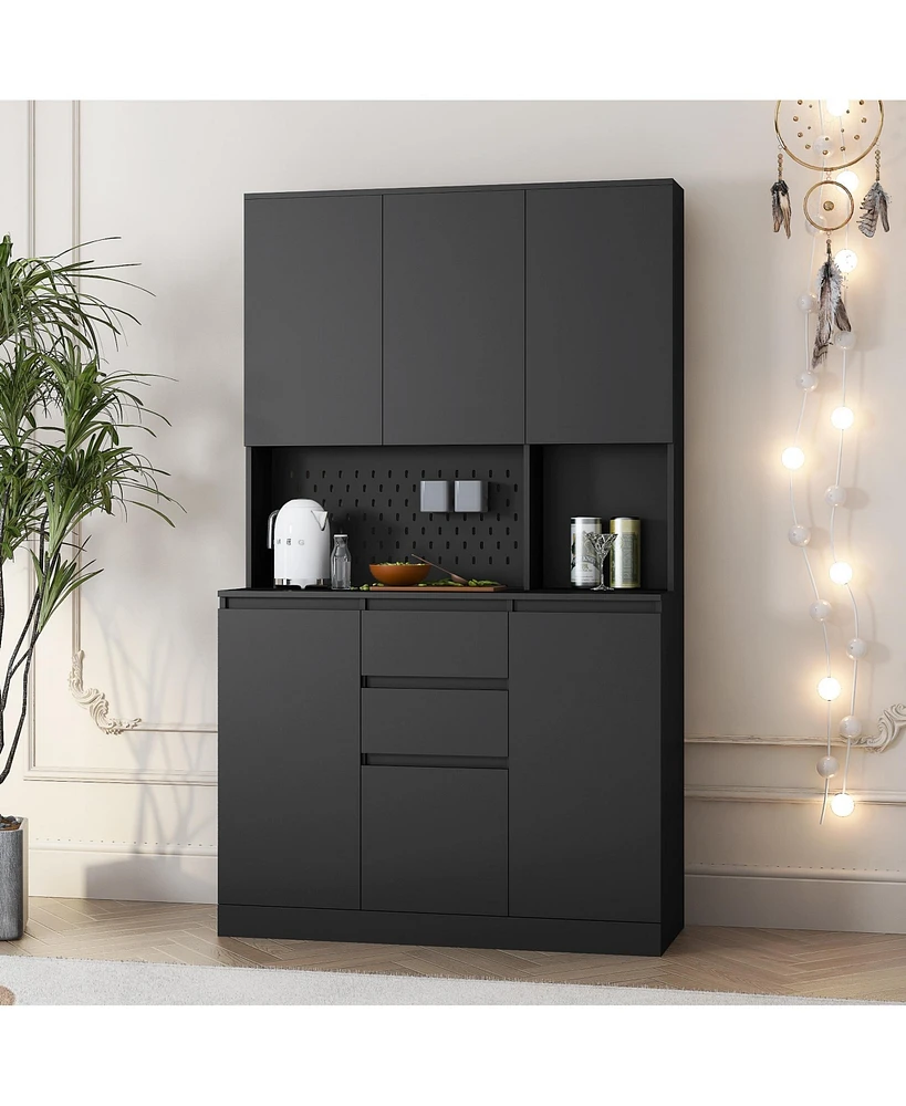 Simplie Fun 74" Modern Freestanding Kitchen Buffet with Hutch and Charging Ports