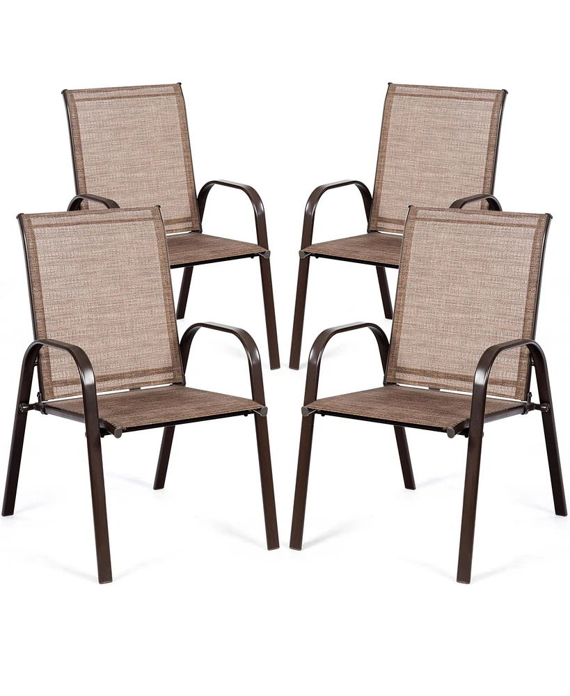 Gymax Set of 4 Patio Chairs Dining Chairs w/ Steel Frame Yard Outdoor Brown