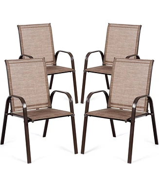 Gymax Set of 4 Patio Chairs Dining Chairs w/ Steel Frame Yard Outdoor Brown
