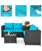 4PCS Outdoor Patio Rattan Furniture Set Cushion Loveseat Storage Table