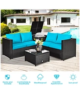 Costway 4PCS Outdoor Patio Rattan Furniture Set Cushion Loveseat Storage Table