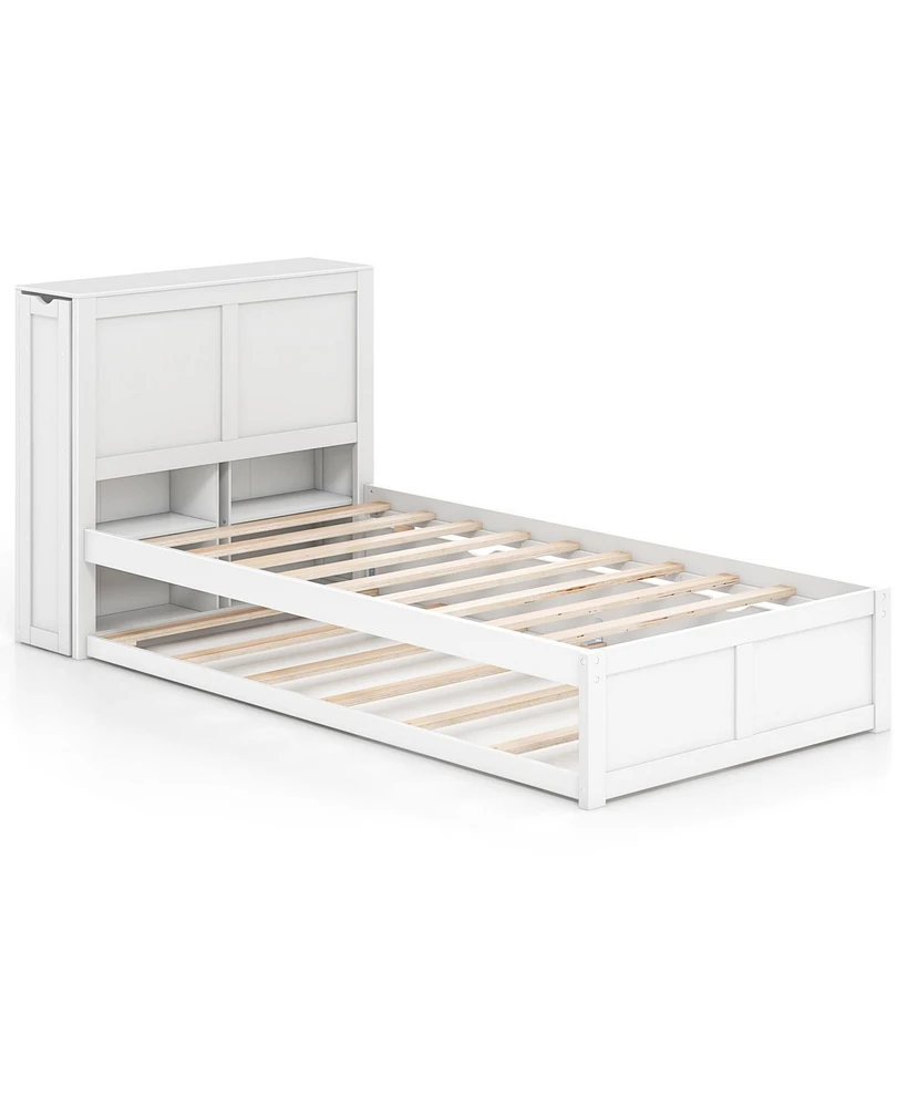 Sugift Twin Kids Wooden Platform Bed with Trundle Storage Headboard-Twin Size