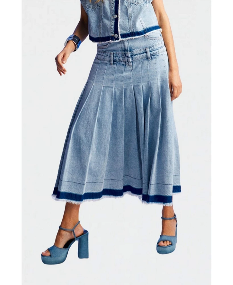 Nocturne Women's Pleated Long Denim Skirt