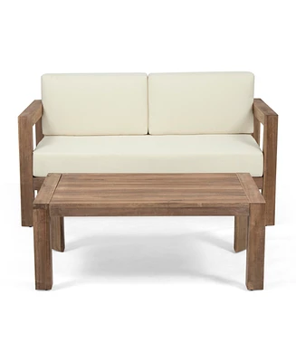 Simplie Fun Acacia Wood Outdoor Loveseat & Coffee Table with Water-Resistant Cushions