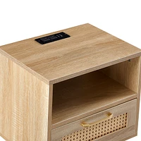 Rattan End Table With Power Outlet & Usb Ports, Modern Nightstand With Drawer And Solid Wood