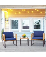 Slickblue 3 Pieces Patio Acacia Wood Conversation Set with Cushioned Armchairs-Navy