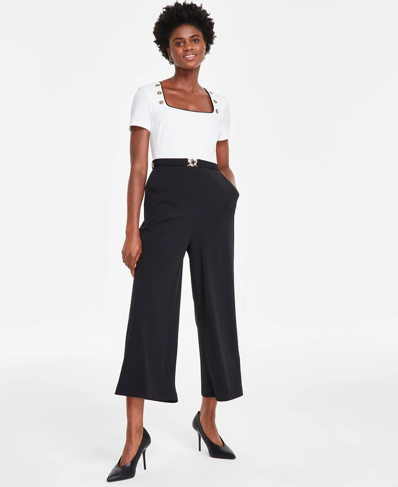 Karl Lagerfeld Paris Women's Square-Neck Short-Sleeve Belted Jumpsuit