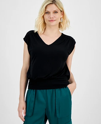 I.n.c. International Concepts Petite V-Neck Ruched-Shoulder Top, Created for Macy's