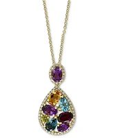 Effy Multi-Gemstone (3-3/4 ct. t.w.) & Diamond (1/4 ct. t.w.) Pear Halo 18" Pendant Necklace in 14k Gold