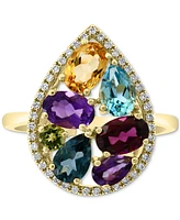 Effy Multi-Gemstone (3-1/4 ct. t.w.) & Diamond (1/6 ct. t.w.) Pear Halo Statement Ring in 14k Gold