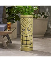 Stone Statue Urn Planter, Decorative Face Plant Pot, Antique Green Finish