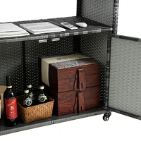 Versatile Outdoor Wicker Bar Cart with Wheels and Glass Tabletop