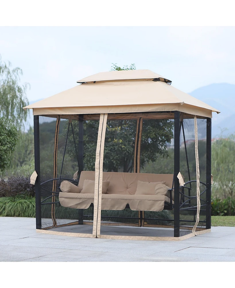 Simplie Fun 3-Seat Patio Swing Chair, Outdoor Gazebo Swing with Double Tier Canopy, Mesh Sidewalls, Cushioned Seat and Pillows, Beige