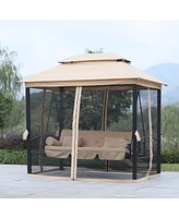 Simplie Fun 3-Seat Patio Swing Chair, Outdoor Gazebo Swing with Double Tier Canopy, Mesh Sidewalls, Cushioned Seat and Pillows, Beige