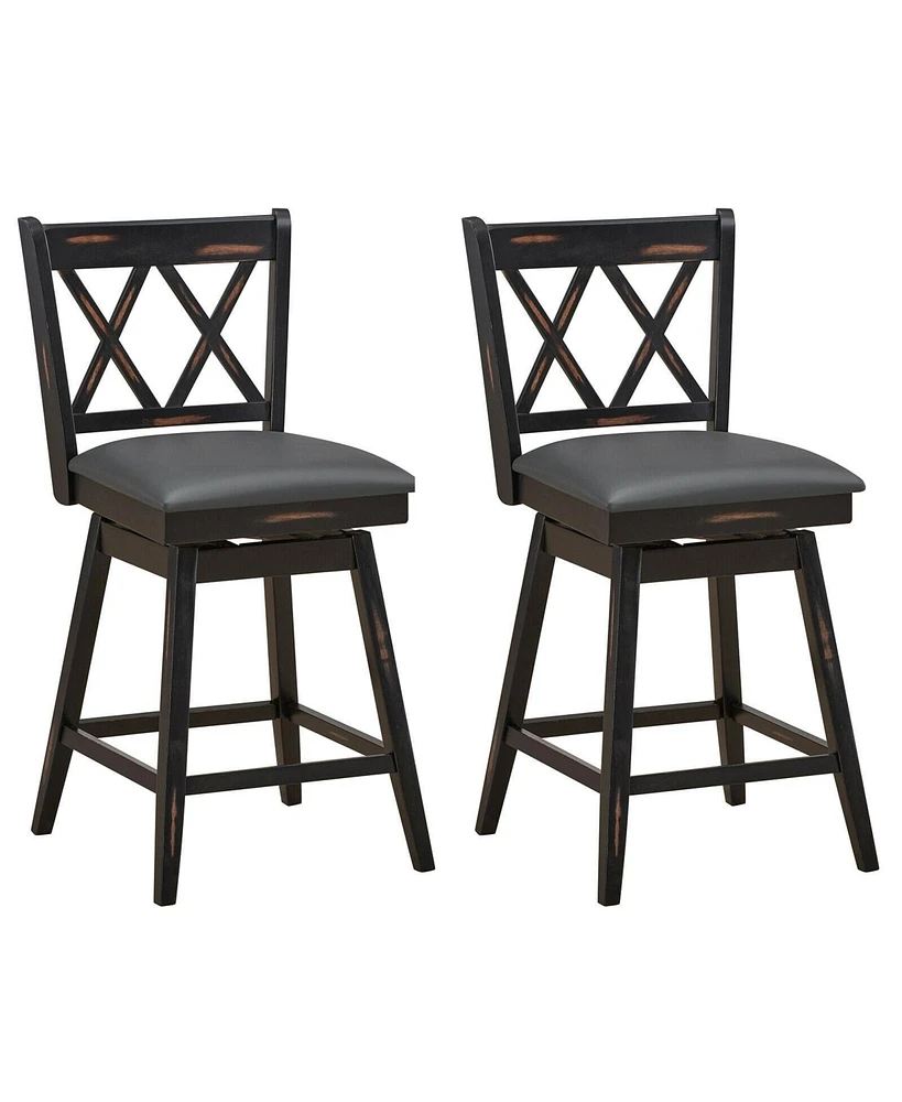 Slickblue 2 Pieces 24 Inch Swivel Counter Height Barstool Set with Rubber Wood Legs