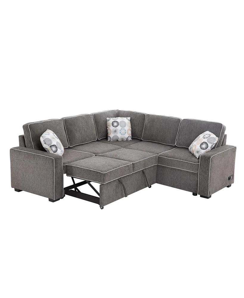 Simplie Fun 83" L-Shaped Pull Out Sofa Bed Convertible Sleeper Sofa With 2 Usb Ports and 3 Pillows