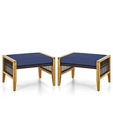 Slickblue Patio Acacia Wood Ottomans with Cushions and Versatile Rattan Woven Footstools