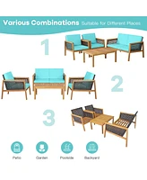 Costway 8PCS Patio Rattan Furniture Set Acacia Wood Cushioned Sofa
