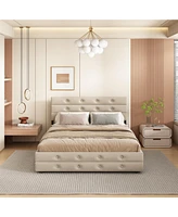 Streamdale Furniture Queen Size Upholstered Platform Bed with Twin Trundle and 2 Storage Drawers Underneath, Linen Fabric with Wood Slat, for Bedroom,