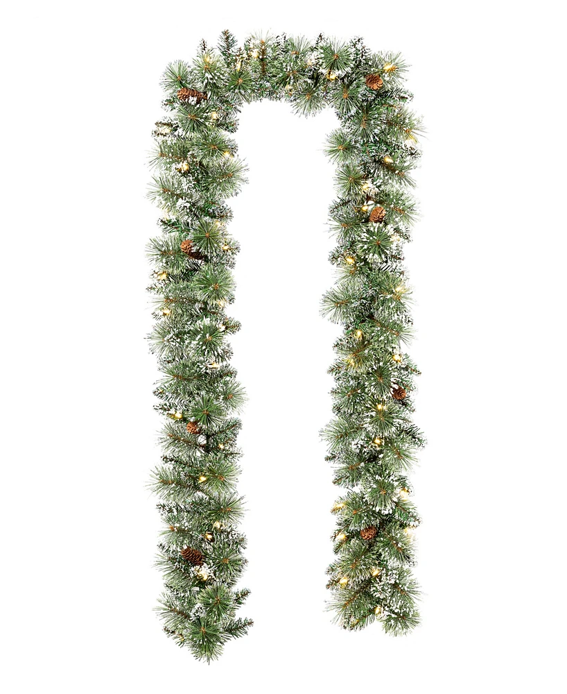 Glitzhome 9ft Pre Lit Frosted Greenery Pinecones Christmas Garland, with 50 C3 Clear Light Emitting Diode Lights and Timer, Three Function