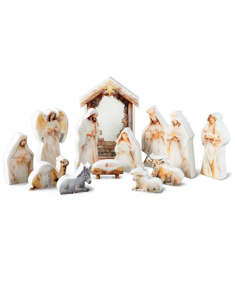 Glitzhome 13pcs Christmas Wooden Epoxy Resin Nativity Figurine Set