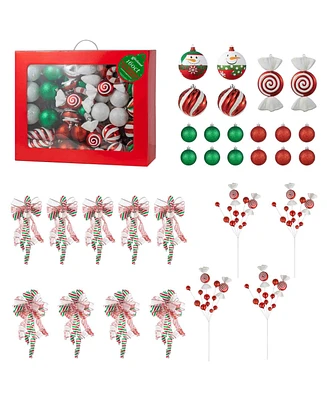 Glitzhome 178ct Christmas Whimsical Red Green Shatterproof Ornaments with Matched Candy Picks and Ribbon Bow Sets