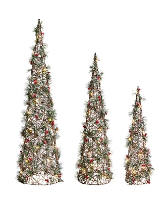 Glitzhome Set of 3 Lighted Christmas Plastic Cone Tree with 75 Warm White Light Emitting Diode Lights