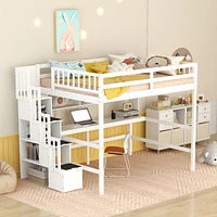 Simplie Fun Full Size Loft Bed With Built-In Desk, Bookshelves And Storage Staircase, White