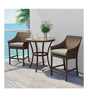 Mondawe 3-Piece Pe Rattan Wicker Patio Conversation Set Outdoor High Bar Chairs and Bistro Table with Gray Cushion