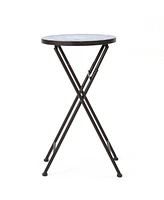 Blue & White Folding Patio Accent Table with Glass Top