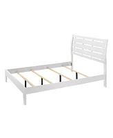 Simplie Fun 1 Piece Queen Size White Finish Panel Bed Geometric Design Frame Softly Curved Headboard Wooden