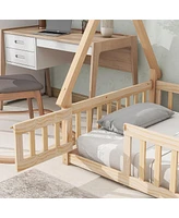 Streamdale Furniture Twin Tentshaped Floor Bed, With Guardrails, Slats, Door, Natural