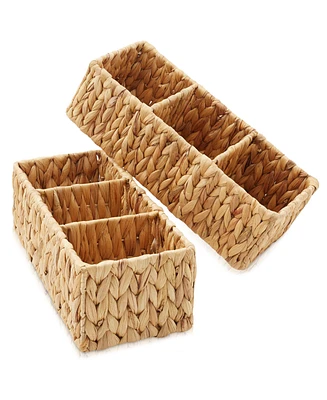 Casafield Set of 2 Water Hyacinth Storage Baskets with 3 Sections, Espresso - Woven Bin Organizers for Bathroom, Laundry, Pantry, Office, Shelves