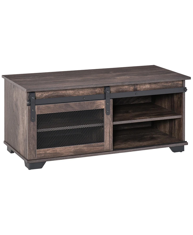 Homcom Farmhouse Coffee Table with Sliding Mesh Barn Door and Storage Cabinet