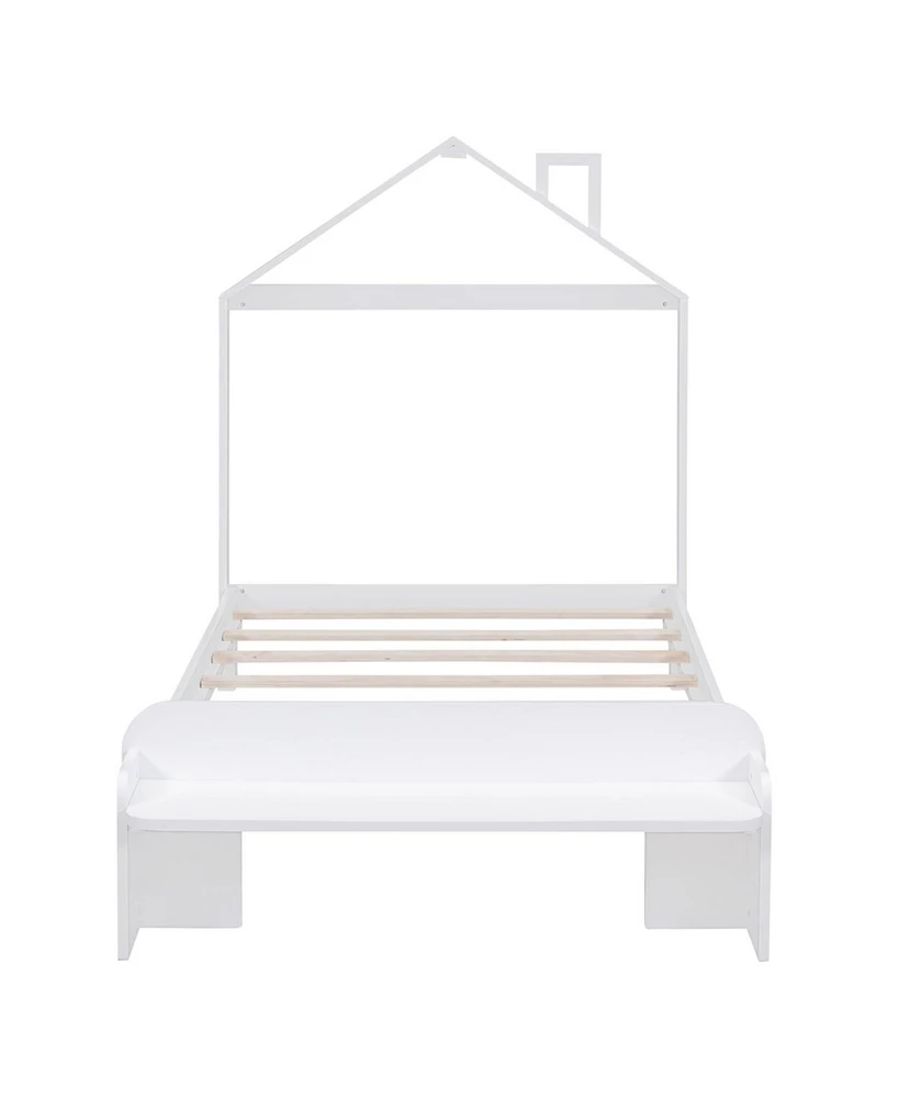 Simplie Fun Twin Size Wood Platform Bed With House-Shaped Headboard And Footboard Bench, White