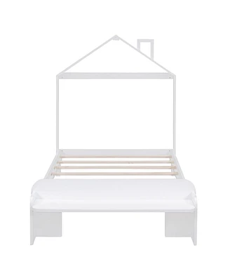 Simplie Fun Twin Size Wood Platform Bed With House-Shaped Headboard And Footboard Bench, White